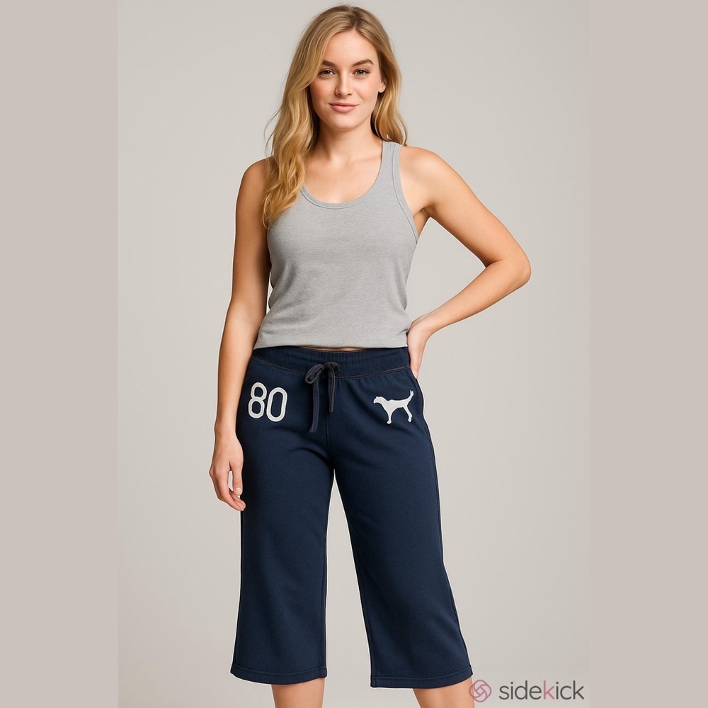 PINK Victoria's Secret Blue Gray Blue Cropped Pants Size XS Pink Logo Drawstring